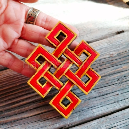 Piccolo Nodo dell'Infinito in Legno - Simbolo Tibetano - Rosso-Giallo