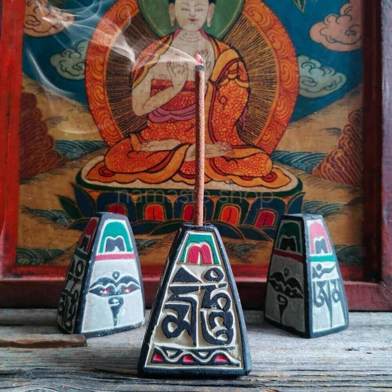 Porta Incenso Tibetano in Pietra - Mantra e Occhi di Buddha