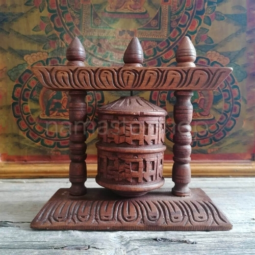 Ruota di Preghiera Tibetana in Legno con Stupa - Originale Nepal - Cod. PRAY-M
