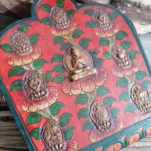 Pannello Tibetano MUDRA DHARMACHAKRA e BUDDHA AKSHOBYA - 26x22cm
