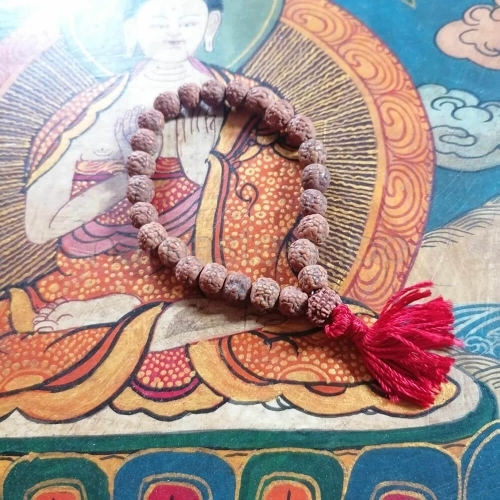 Mala in semi di RUDRAKSHA - Braccialetto Tibetano con Nappa Rossa